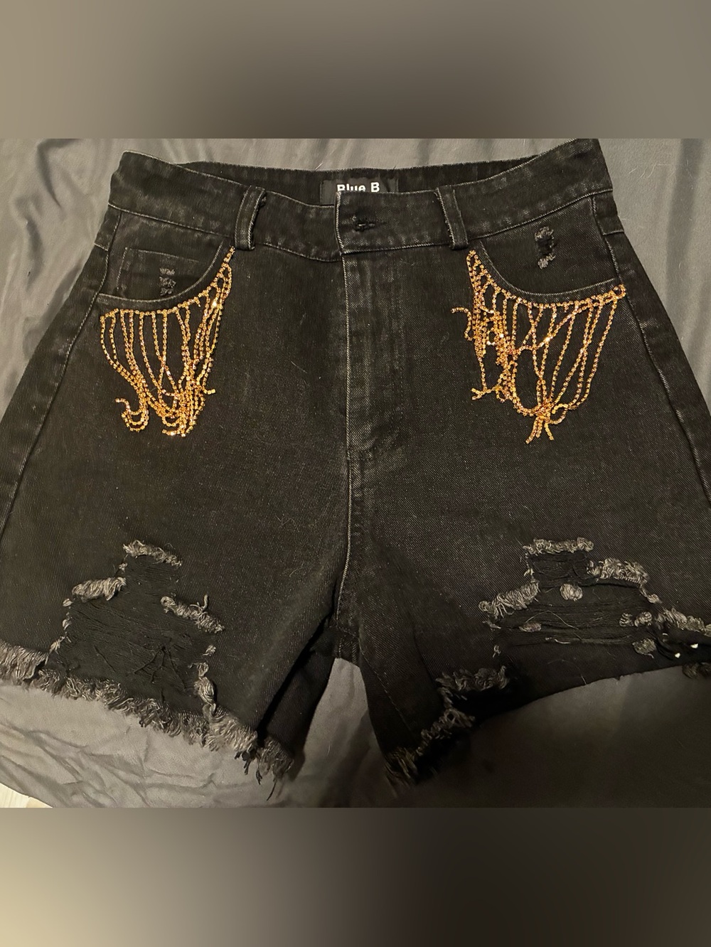 Blue B Black Distressed Denim Shorts with Gold Beaded Fringe Accent
